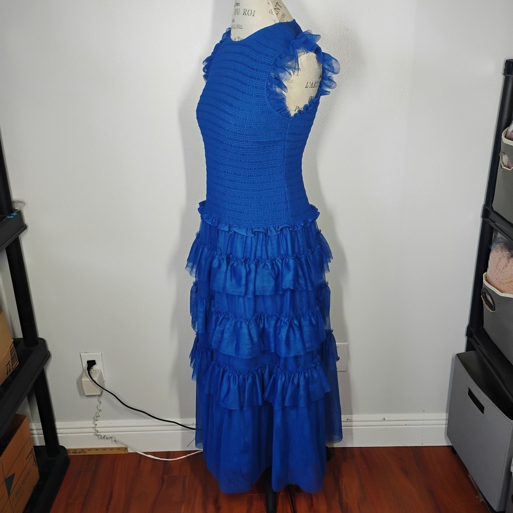 ME+EM Ethereal Tulle Shirred Midi Dress Womens 8 Royal Blue Tiered Wedding Party - Picture 6 of 15